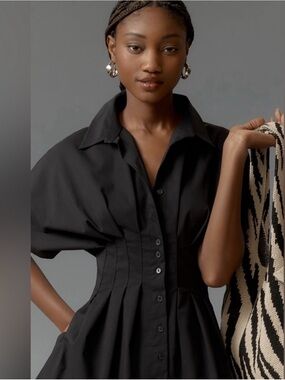 Anthropologie Equise Black Puff-Sleeve Button-Front Women's Top